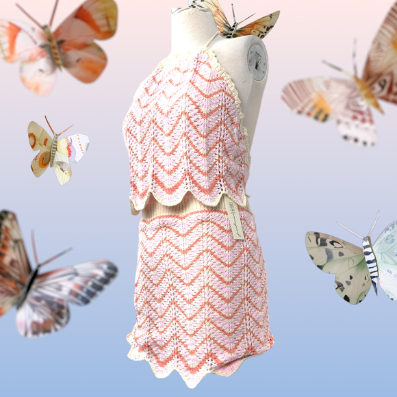 Women’s Crochet 2 Piece Set Skirt Cropped Top Backless Pink Orange Beige New WT - Picture 12 of 16